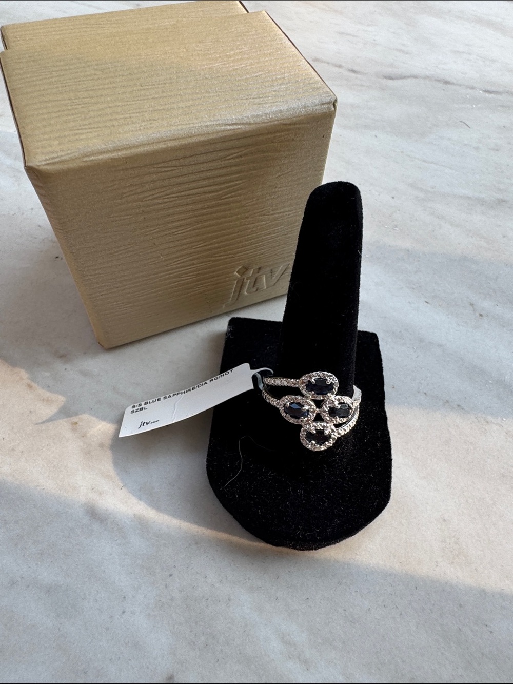 JTV Blue Sapphire and Clear Crystal Floral Cluster Ring